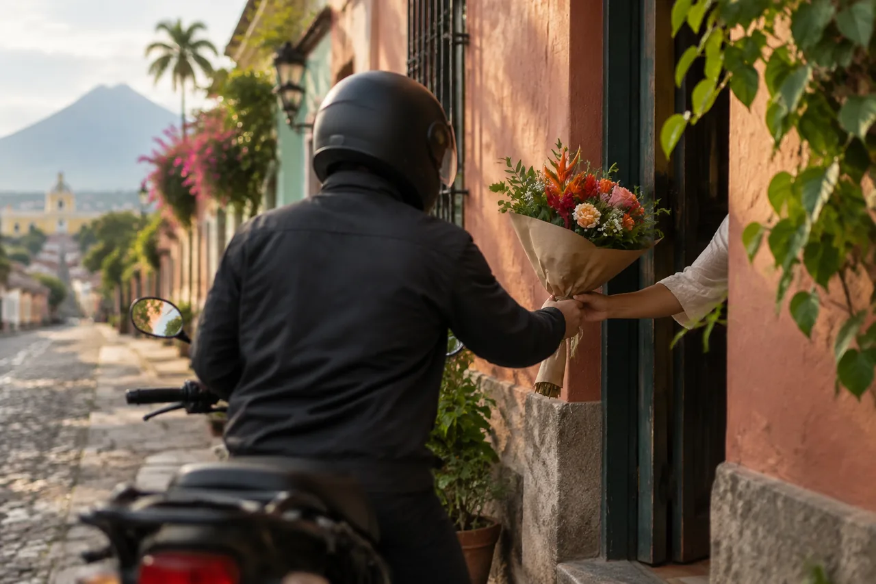 Entrega de un ramo en la puerta de una casa, con el motorista de espaldas junto a su motocicleta