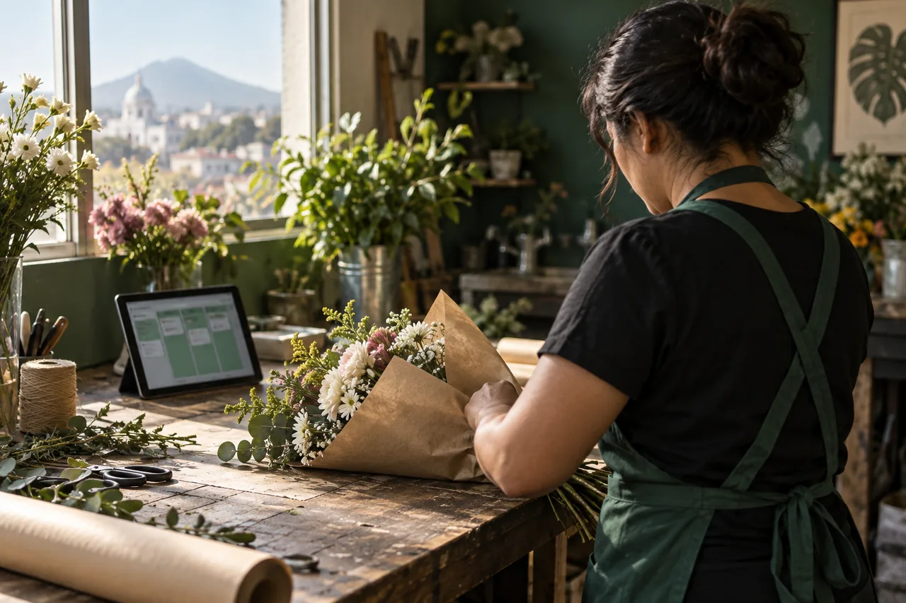 Taller de floristería por la mañana: un ramo envuelto en papel kraft sobre la mesa de trabajo y una tablet con el tablero de pedidos